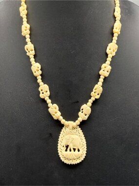 Hand Carved Elephant Pendant NecklaceBeaded Skull Design - 22" Length